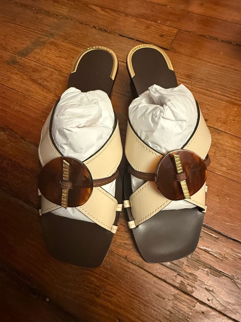 Tory Burch Artisamal Knot Cream Brown Slide Sandals with Tortoiseshell Accent